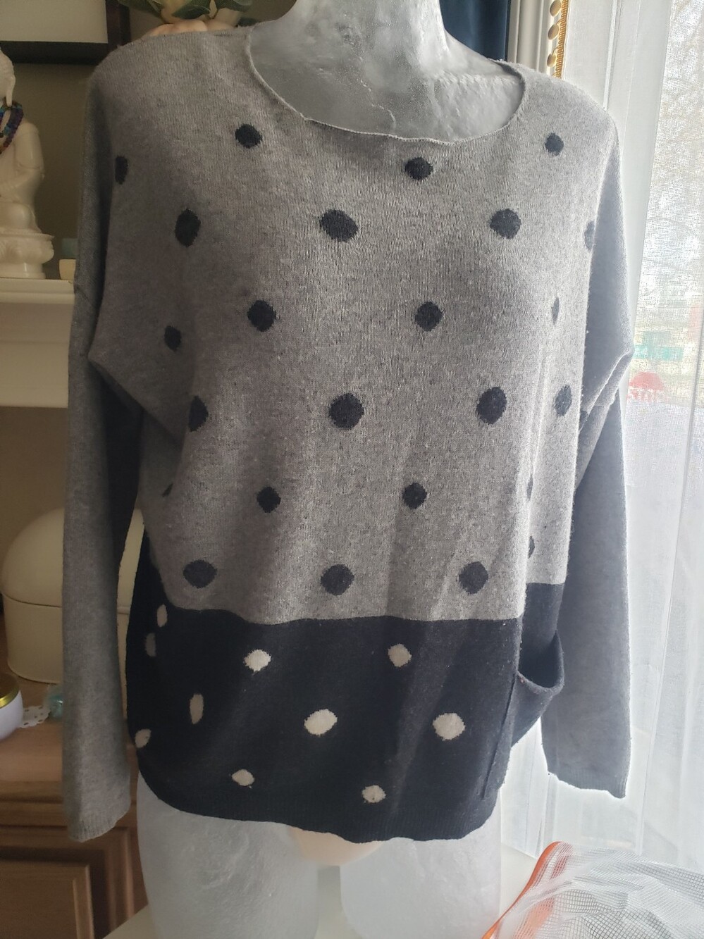 Women's Merino Wool Blend Cozy Polka Dot Crewneck Sweater - Gray and Black